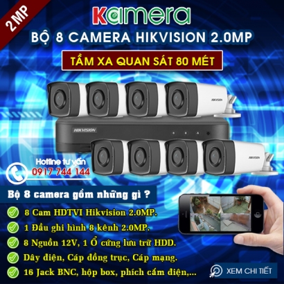 TRỌN BỘ 8 CAMERA HIKVISION 2.0MP (IR 80M)